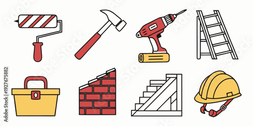 Assorted construction tools and equipment icons for building and maintenance tasks Vector
