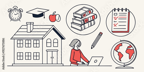 A collage of various scenes including a building, a person with a backpack, a calendar, and a magnifying glass. Vector