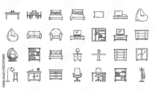 Furniture outline icon set with loft table, double bed, wardrobe closet and rattan swing chair