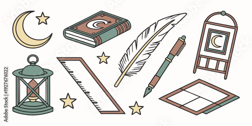 A diverse collection of writing tools and objects arranged on a white background Vector