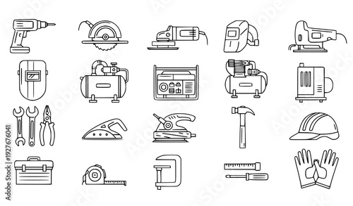 Editable stroke line icon set of power tools, woodworking instruments and industrial machinery