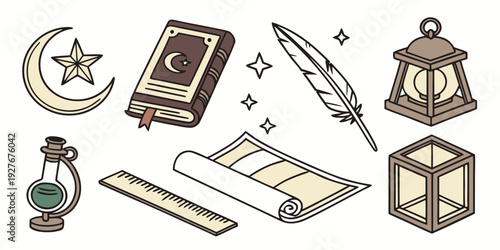 A collection of vintage items including a book, a quill, and a lantern. Vector
