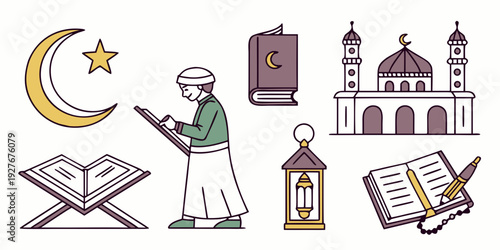 Illustration of a student studying at night with religious symbols around him Vector