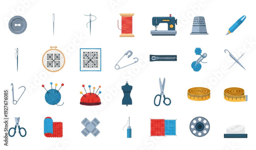 Knitting and sewing flat vector icon set with needle, thread, sewing machine and embroidery tools