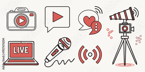 A collection of icons representing various media and broadcasting elements. Vector