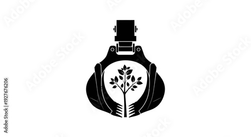 Conceptual black and white icon of a mechanical industrial grabber gently surrounding a young growing tree