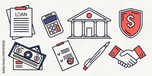 A collection of icons representing various aspects of real estate and property management. Vector