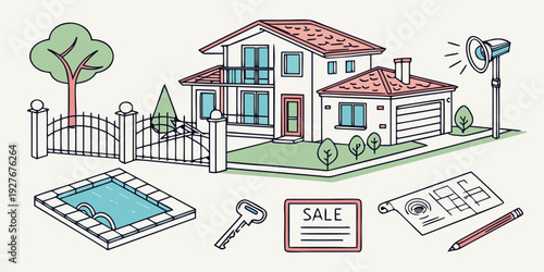 A vibrant suburban home with a family enjoying various activities in the yard and inside Vector