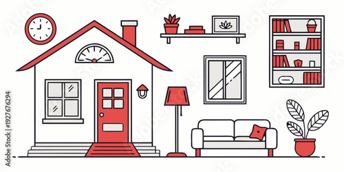 A detailed illustration of a modern suburban home with various amenities and features. Vector