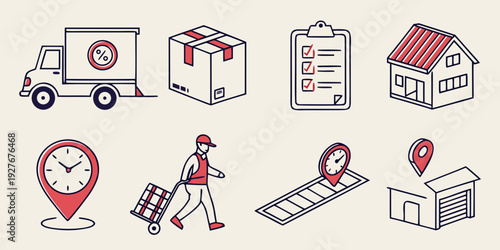 Various icons representing logistics, delivery, and supply chain management services. Vector