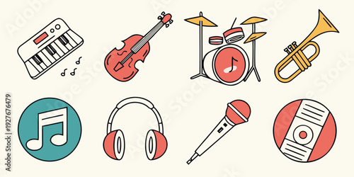 A colorful assortment of musical instruments and audio equipment Vector