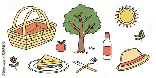A vibrant outdoor scene featuring a picnic, a tree, and various objects. Vector