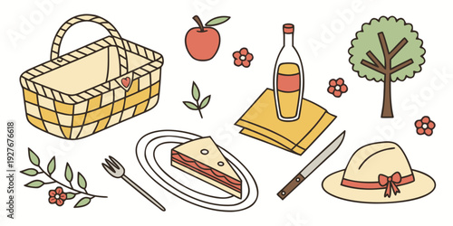 A delightful assortment of picnic foods and treats on a checkered blanket. Vector