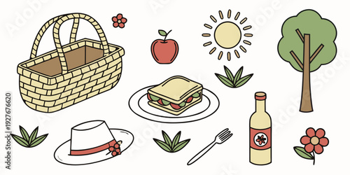 Assorted fruits, vegetables, and kitchen utensils arranged on a wooden table Vector