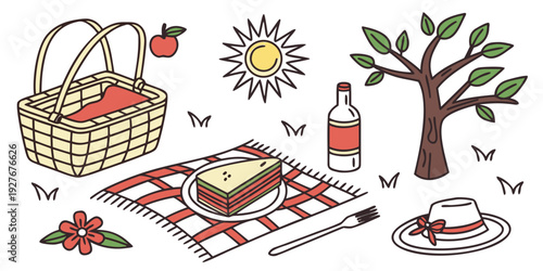A vibrant autumn scene with a picnic basket, blanket, and various fall decorations. Vector