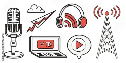 A collection of icons representing various media and broadcasting elements. Vector