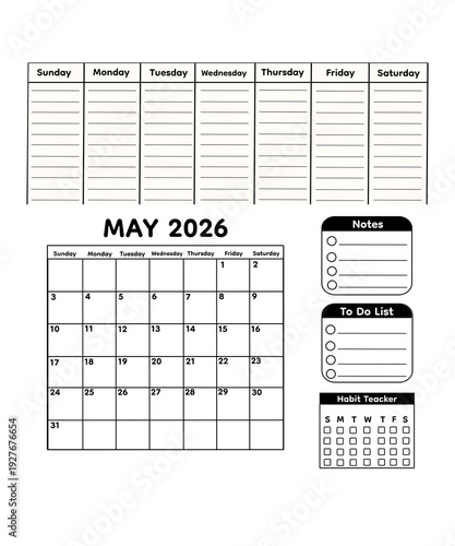 May 2026 Minimalist Black and White Monthly Calendar Planner with Weekly Overview, Notes Section, To Do List and Habit Tracker – Clean Monochrome Printable Template on Transparent Background