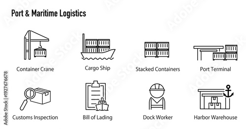 Port & Maritime Logistics icons./ 港湾・海上物流のシンプルなアイコンセット。