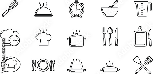 Cooking and Kitchen Line Icon Set with Utensils Pot Timer Chef Hat and Tableware Outline Symbols
