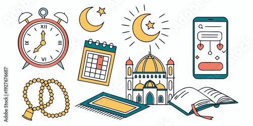 A variety of clocks and timekeeping devices arranged on a table Vector