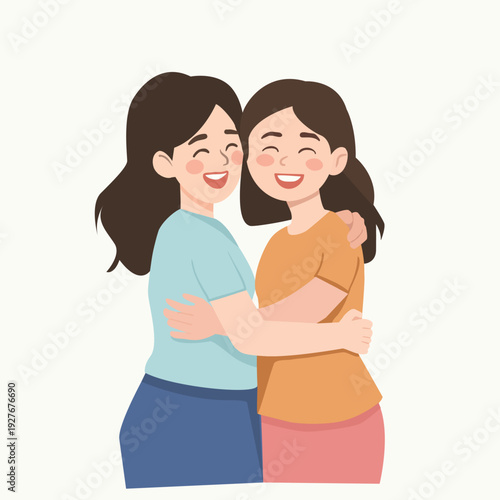 Friendly hug two girl hugging isolated on white background.