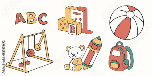 A colorful illustration featuring various objects from the alphabet, a house, and a heart. Vector