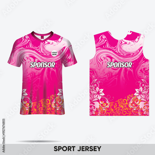 Front and back view of a pink short-sleeve sport jersey with white and orange floral patterns and a white sponsor text