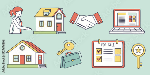 Illustrations of various aspects of real estate and property management. Vector