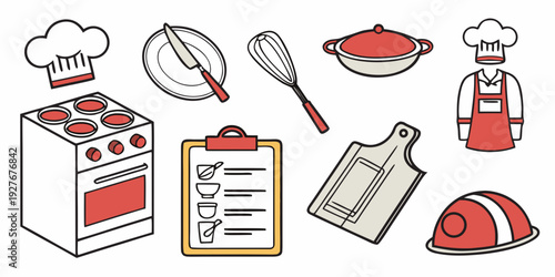 A variety of kitchen utensils and appliances arranged on a white background Vector