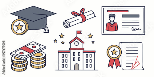 Diverse illustrations representing education, learning, and academic achievements Vector