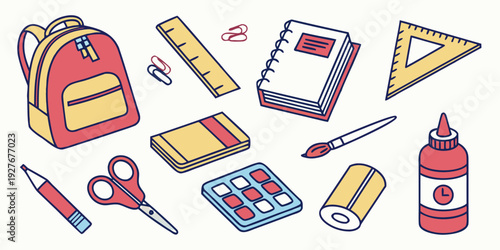 A vibrant collection of school supplies neatly arranged on a table Vector