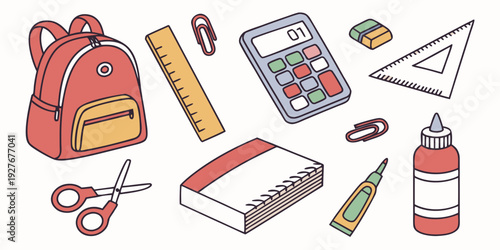 A colorful assortment of school supplies scattered on a white background Vector