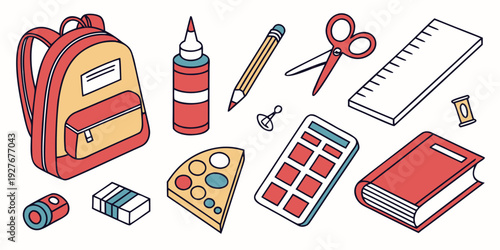 A variety of school supplies neatly arranged on a table for study and learning Vector