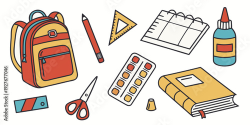 A colorful illustration of school supplies including a backpack, notebooks, and pencils. Vector