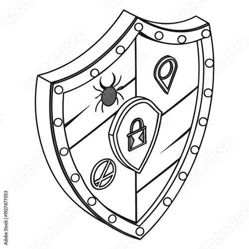 A shield with a lock, bug, and other symbols on it