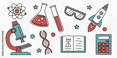 A vibrant illustration of scientific tools and symbols representing various fields of study Vector