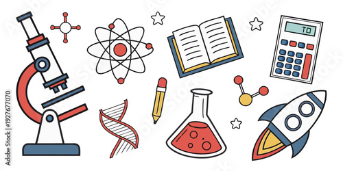 A vibrant collection of educational icons representing various school subjects and activities. Vector