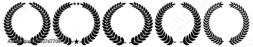 Laurel Wreath Icon and Vector Set – Black and White Circular Award Symbols with Leaves, Branches and Stars, Minimalist Emblem Frames Isolated on Transparent Background