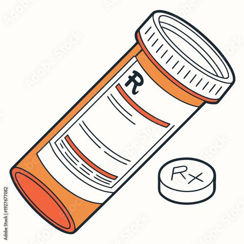 A cartoon image of a prescription bottle and pill