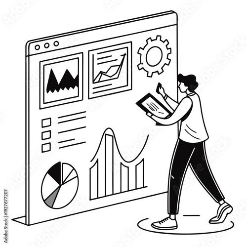 A person interacting with a large computer screen displaying graphs and charts