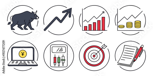 Icons representing various aspects of business, finance, and data analysis Vector