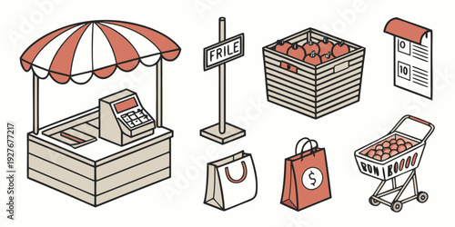 A charming illustration of a lemonade stand, a popcorn cart, and a hot dog vendor. Vector