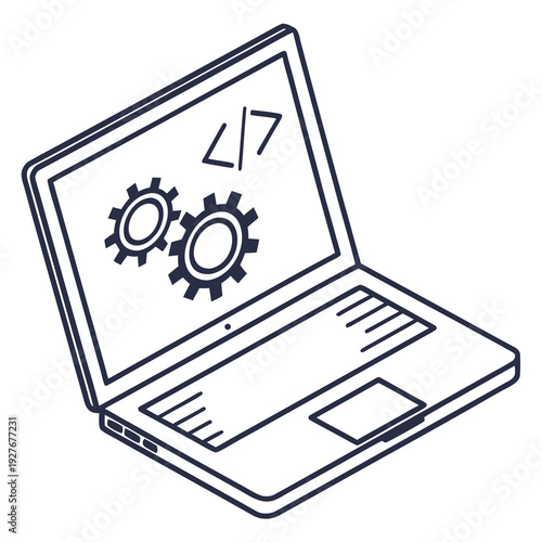A laptop with gears and code on the screen