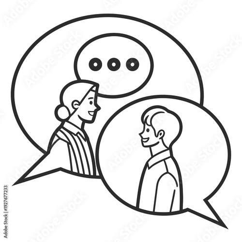 A simple line drawing of two people talking