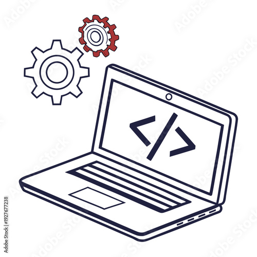 A laptop with a coding symbol on the screen