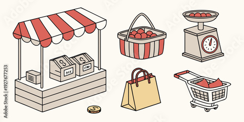 A vibrant street market with various food stalls and a bustling atmosphere. Vector