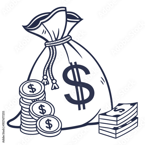 A money bag with dollar sign and coins and bills