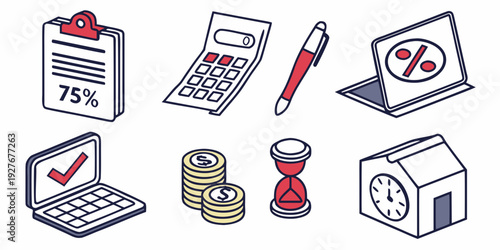 A collection of icons representing various aspects of work and productivity. Vector