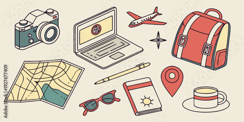A vibrant collection of travel-themed icons and illustrations. Vector