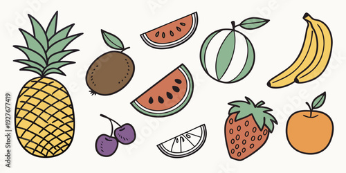 A vibrant assortment of tropical fruits and bananas on a white background Vector